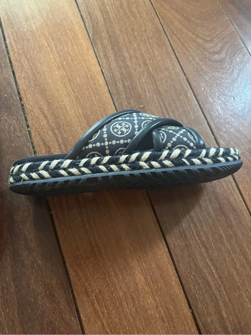 Tory Burch Black Canvas Logo Espadrille Slides